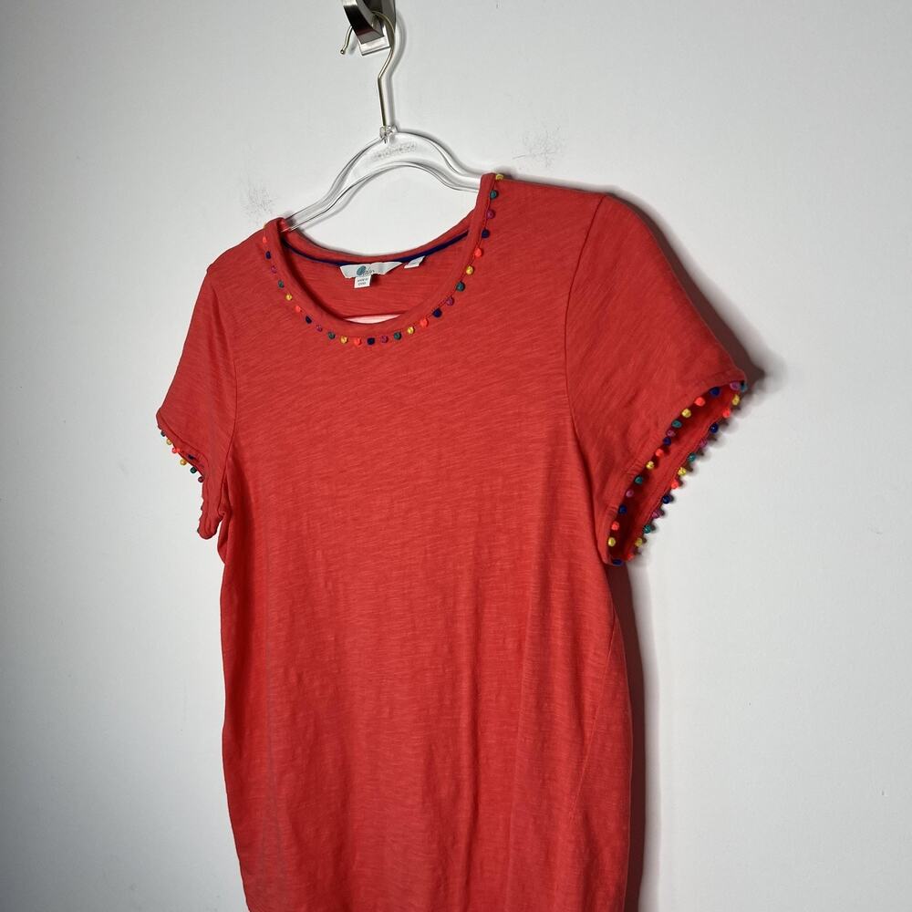 Boden Shirt Womens Medium Coral‎ Slub Cotton Pom Pom Trim Crewneck Short Sleeve - Picture 6 of 10